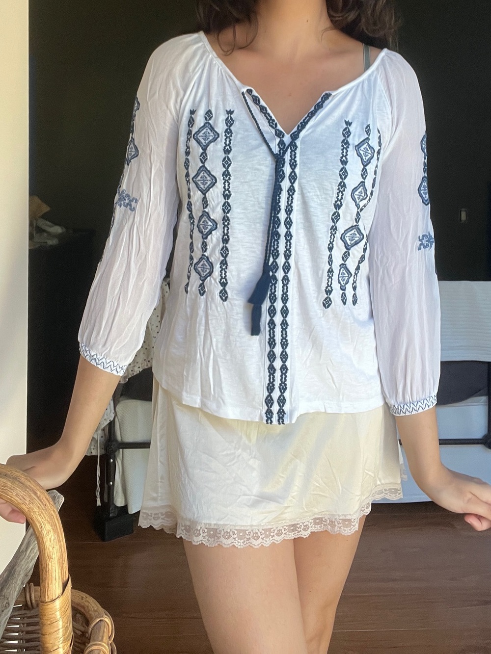 White Embroidered Peasant Top with Navy Tassel Tie